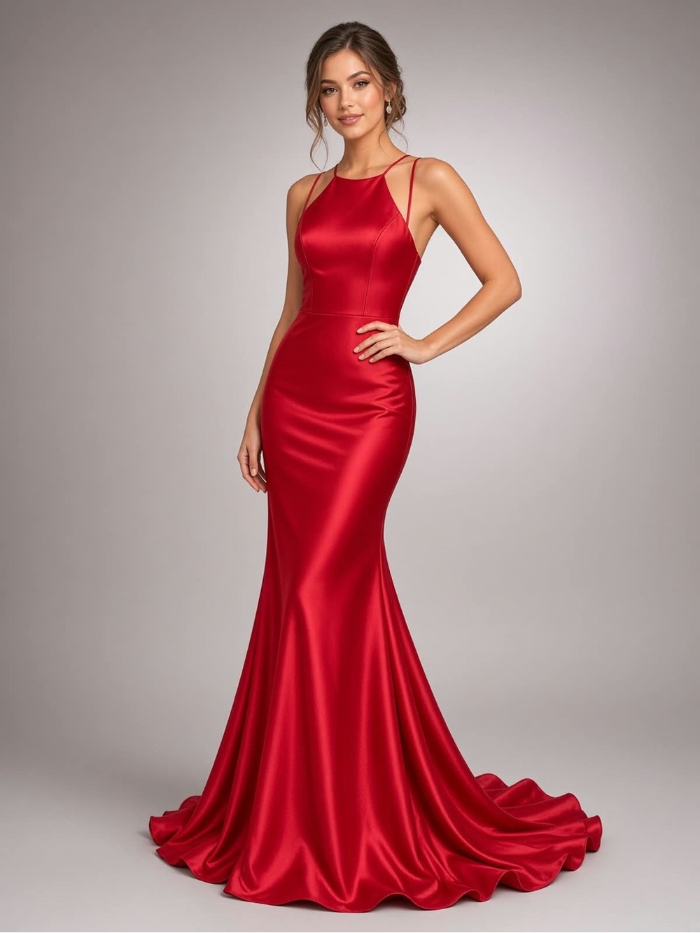 Tiffany Designs Red Satin Mermaid Gown